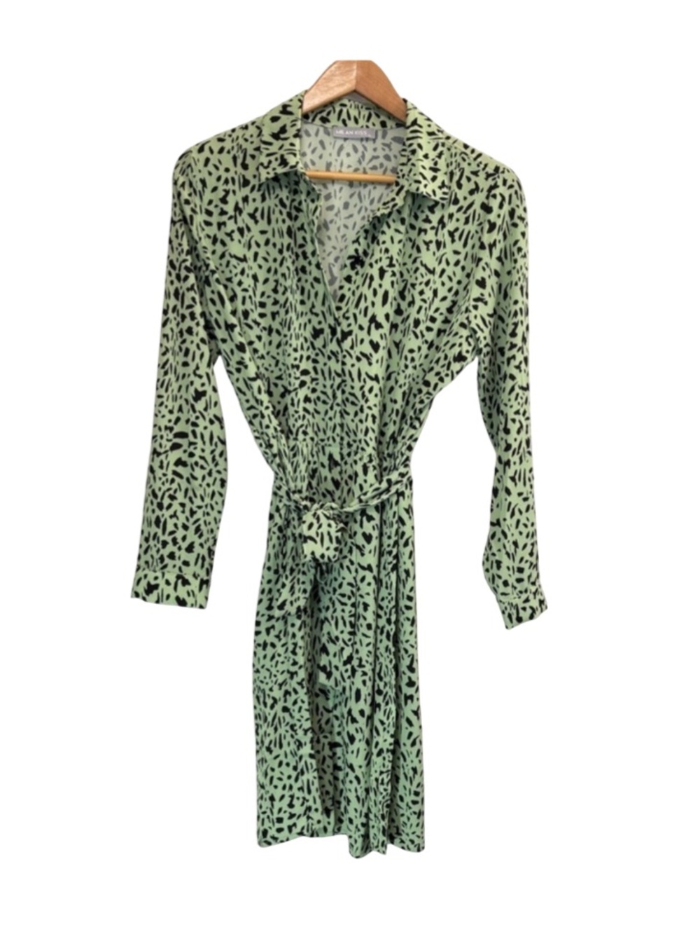 Green Wrap Dress with Long Cuffed Sleeves and Notched Collar